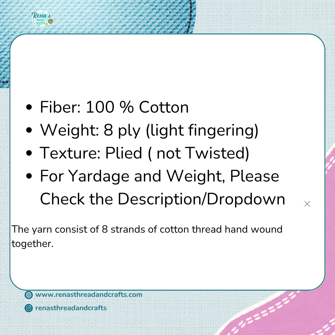 8PLY Cotton Solid Color Yarn , Light Fingering Weight - Image 3